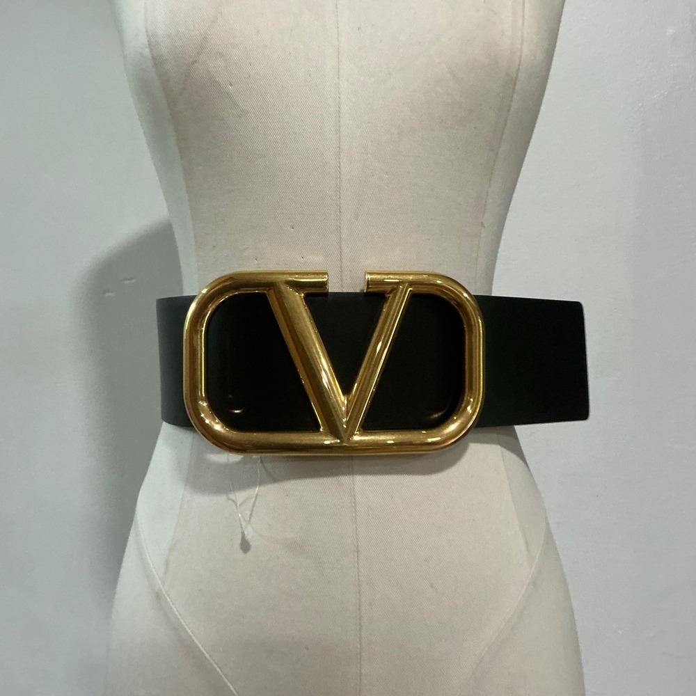 Valentino Garavani VLogo Signature Wide Black Leather Belt Gold Buckle